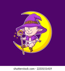 illustration of baby wizard sit on the moon
