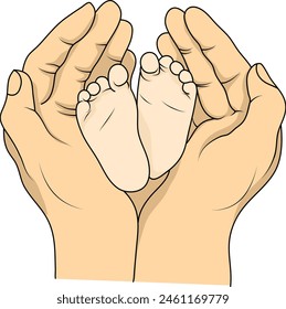 illustration of baby's feet in mother's hands. Happy family maternity concept