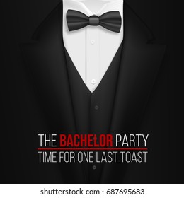 Illustration of The Bachelor Party Invitation Template. Realistic 3D Vector Black Suit with Bow Tie