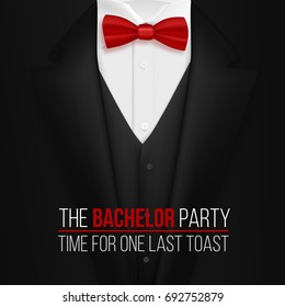 Illustration of The Bachelor Party Invitation Template. Realistic 3D Vector Black Suit with Bow Tie