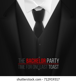 Illustration Of The Bachelor Party Invitation Template. Realistic 3D Vector Black Suit With Neck Tie