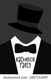 Illustration for bachelor party with suit, bow tie and hat.