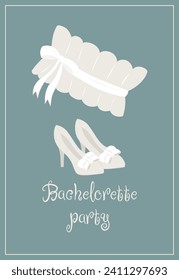 Illustration for bachelorette party with Bride dress and garter on green background. Can be used for posters, cards, and invitations.