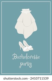 Illustration for bachelorette party with wedding shoes and veil on green background. Can be used for posters, cards, and invitations.