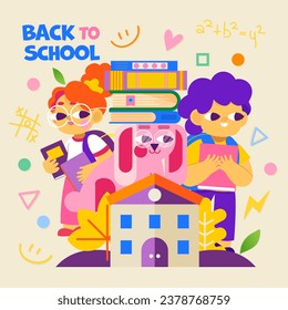 Illustration Back to school. A boy and a girl with backpacks and books eager to start their educational journey. Cute, minimalistic design