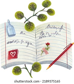 Illustration back to school notebook print with a branch of round eucalyptus cinerea pen notes stickers