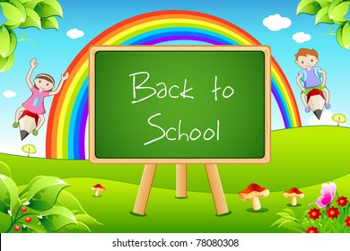 illustration of back to school on black board with flying kids in landscape background