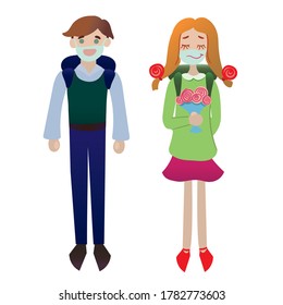 Ilustración De vuelta a la escuela! Un par de estudiantes, un chico con el pelo castaño y una chica con el pelo rojo y flores en la mano, están dispuestos a estudiar. Llevan máscaras protectoras para la cara debido al cóvido 2020.