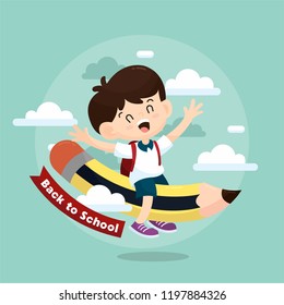 Illustration of Back to School Poster with Flying Pencil and Little Boy