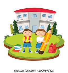 Ilustración de Volver a la escuela. Los estudiantes alegremente se paran frente a la escuela. El afiche está decorado con edificios escolares, libros y bolsos escolares.
