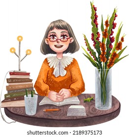 Illustration back to school teacher sitting at the table textbooks flowers gladioli notebook pen candy classroom teacher