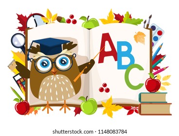 Illustration back to school, wise owl and book with alphabet surrounded by decorative elements.