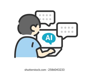 An illustration of the back view (color line drawing) of a man who works using AI.