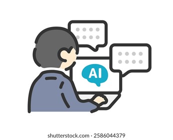 An illustration of the back view (color line drawing) of a businessman who works using AI.