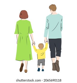 Illustration of back view of the family on a walk (white background, vector, cut out)