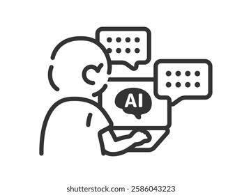 An illustration of the back view (line drawing) of a man who works using AI.