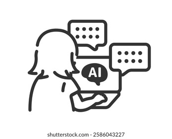 An illustration of the back view (line drawing) of a woman who works using AI.