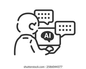 An illustration of the back view (line drawing) of a businessman who works using AI.