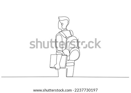 Illustration of back view of a male student standing and posing. Single line art style
