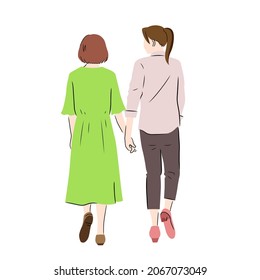 Ilustración de la vista trasera de la pareja del mismo sexo en un paseo (fondo blanco, vector, corte)