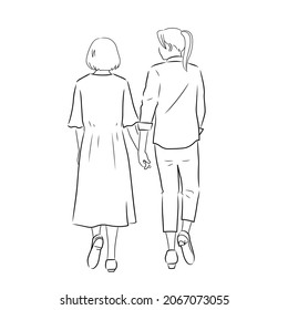 Illustration of back view of same sex couple on a walk (white background, vector, cut out, line art)