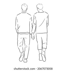 Illustration of back view of same sex couple on a walk (white background, vector, cut out, line art)
