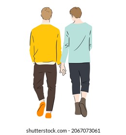 Ilustración de la vista trasera de la pareja del mismo sexo en un paseo (fondo blanco, vector, corte)