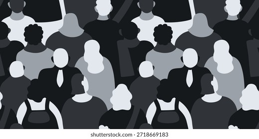 СIlustración de la multitud Vista posterior Patrón transparente. Dibujos animados de personas adultas diversas por detrás, de pie en una multitud. Monocromo, estilo moderno plano. Encuentro, sociología, concepto de estadística, impresión, Anuncio.