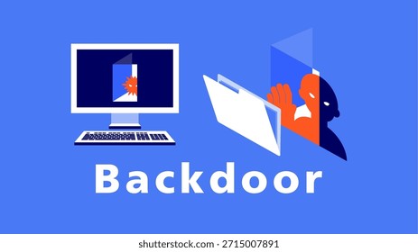 Illustration of backdoor malware hiding inside a computer system and allowing attackers to secretly access files and data, representing persistent cyber threats