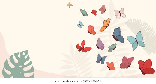 Illustration background or backdrop with many hand drawn colorful abstract butterflies. Trendy art wallpaper decoration with beautiful flying butterflies. Pattern design 