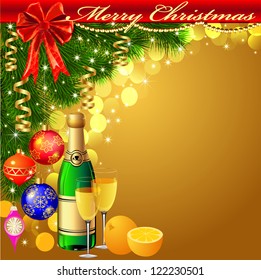 illustration background with balls and glasses of champagne with Christmas tree