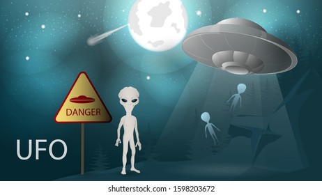illustration background banner flying saucer UFO flies away from the planet taking with them aliens. beam of light at night in the mountains in the background moon stars comet vector EPS 10