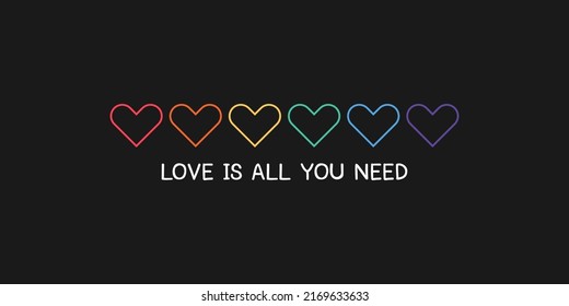 An illustration, background, or banner with six hearts in the image: red, orange, yellow, green, blue and purple.In  pride month