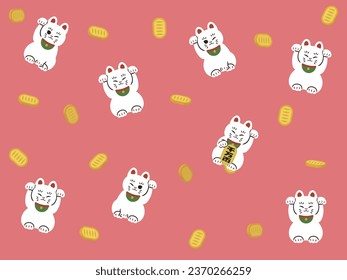 Illustration of a Background with Beckoning Cats and Scattered Koban Coins in Pink
