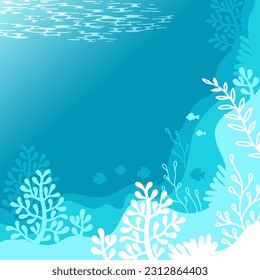 Illustration of background in a blue palette colours. Underwater marine life of a coral reef