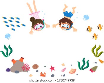 
Ilustración de fondo con niños y niñas nadando en el mar y criaturas marinas.