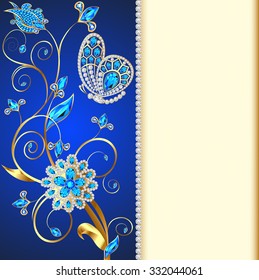 illustration background with butterflies and ornaments made of precious stones