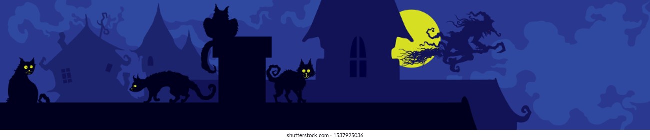 Illustration background with cats, fable roofs, a witch and a moon