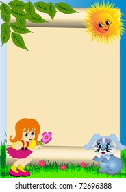 illustration background child with flower and rabbit