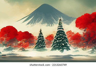 illustration background of Christmas in japan with mount Fuji background good for print on greeting card