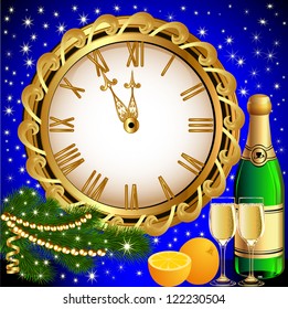 illustration background with Christmas tree balls for hours and oranges