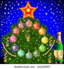 illustration background with Christmas tree balls for hours and champagne