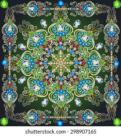 illustration background with a circular gold ornaments with precious stones