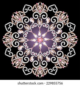 Illustration background with a circular ornament with pink gems