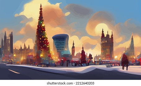 illustration background of city skyline in snowy good for print on Christmas card