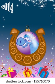 In the illustration background for congratulation with Christmas. It shows the Christmas balls with the symbol horse. Against the backdrop of a horseshoe and gifts. Done in a cartoon style