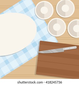 Illustration background. Cuisine food design. Plates for ingredients for cooking. Kitchen flat top view wallpaper banner. Empty bowls.
