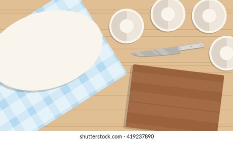 Illustration background. Cuisine food design. Plates for ingredients for cooking. Kitchen flat top view wallpaper banner. Empty bowls.