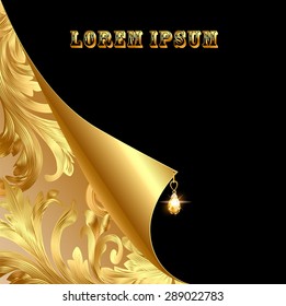 illustration background with curled corner and gold with vintage ornament