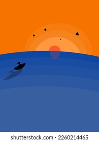 Illustration background design, blue ocean and yellow evening sky, ocean view at sunset.